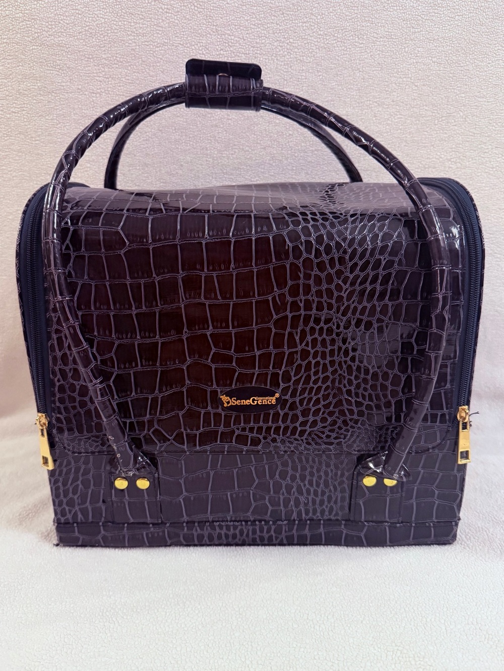 SeneGence Indigo Purple Croc Patent Leather Travel Train Case Makeup Bag